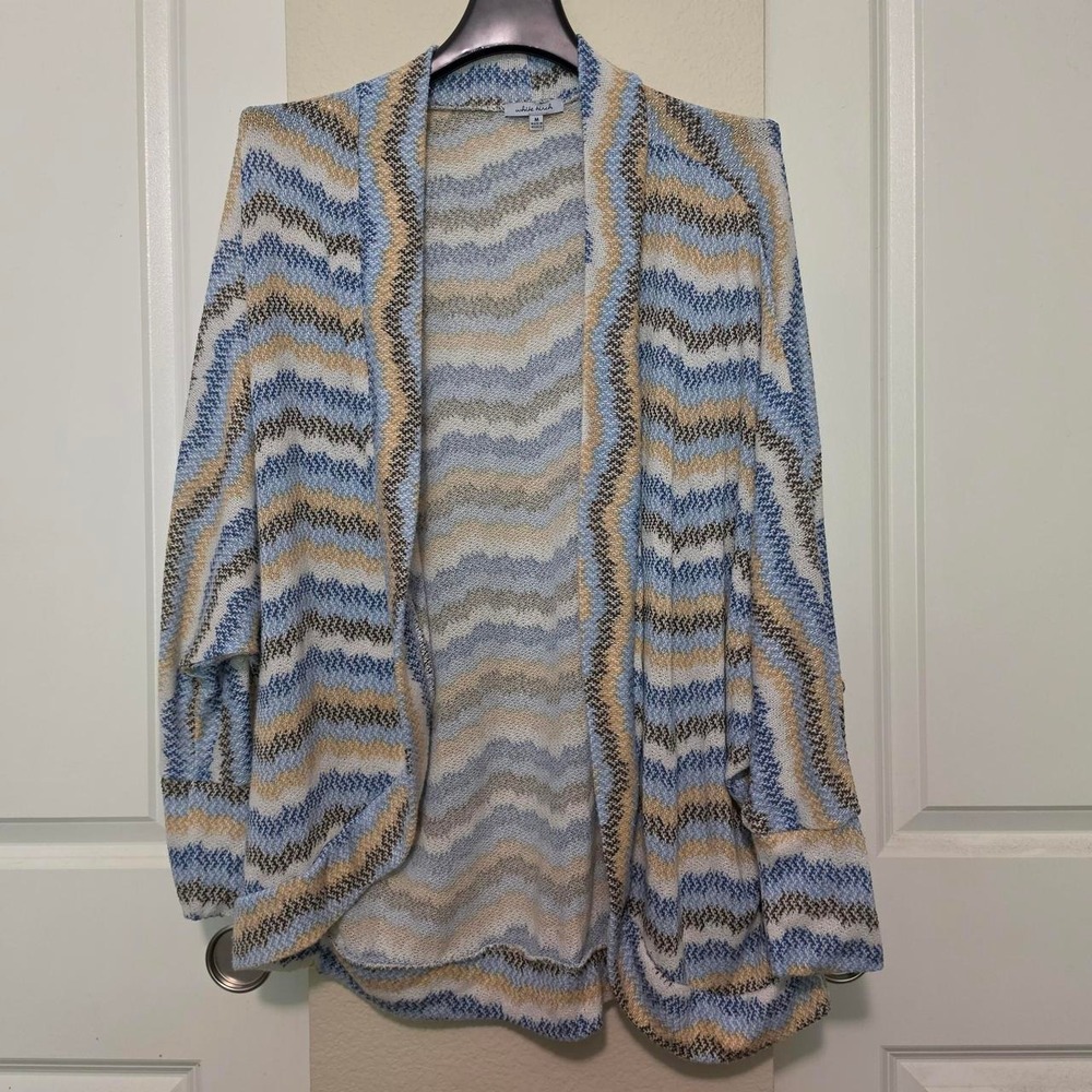 White Birch Womens Zigzag Chevron Knit Open Front Cardigan Blue Beige Brown M